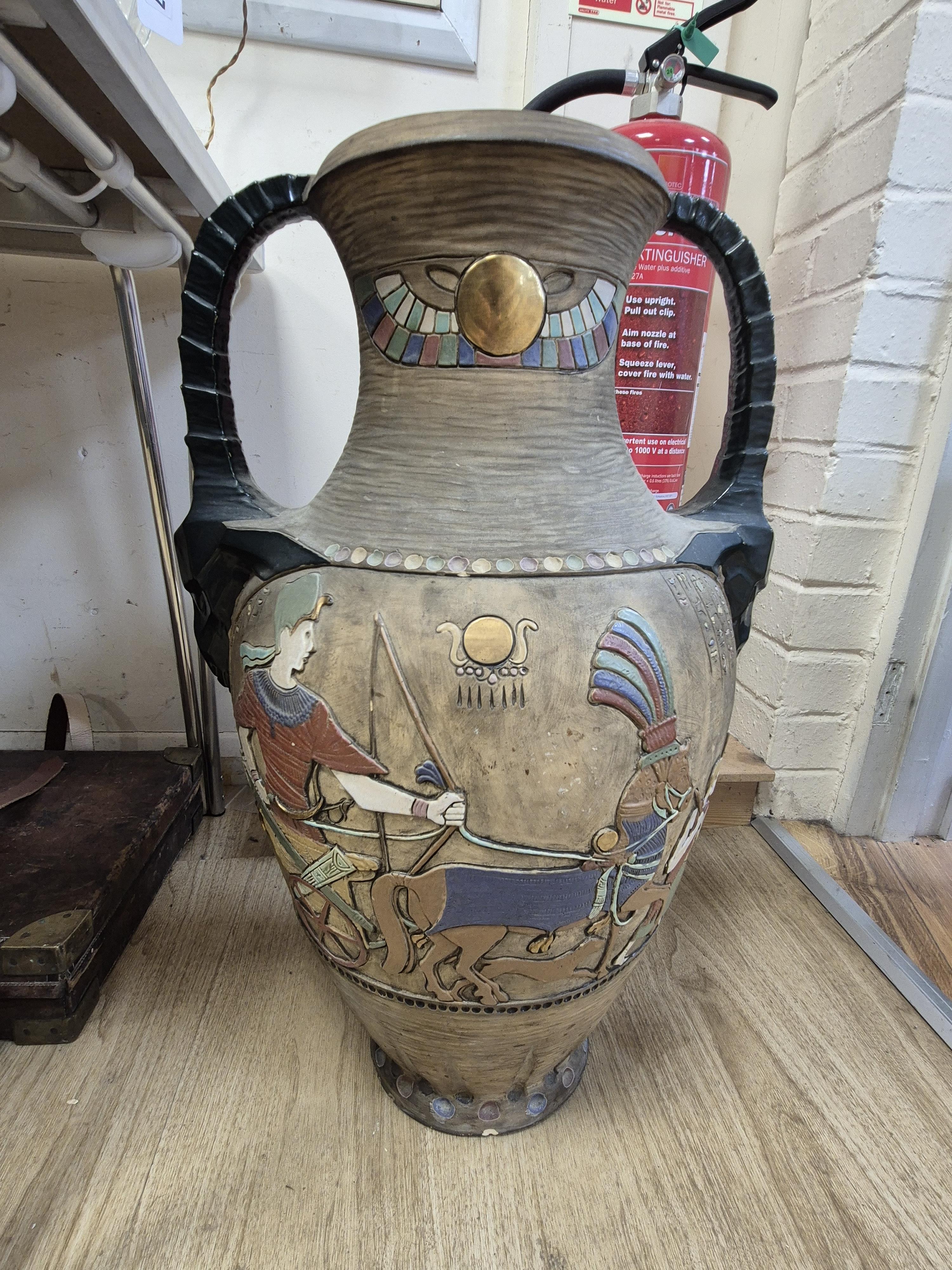 Attributed to Julius Dressler, a large Austrian cold painted terracotta Egyptian revival vase, c.1925, 62cm. Condition- good